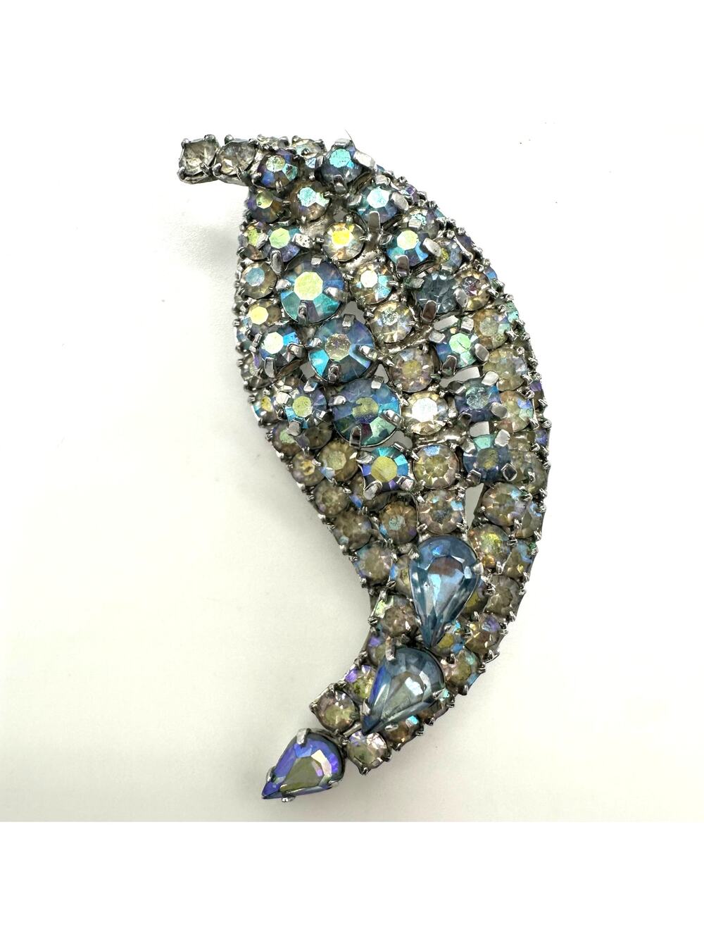 Jay Flex signed vintage sterling silver clear blue AB rhinestones paisley brooch